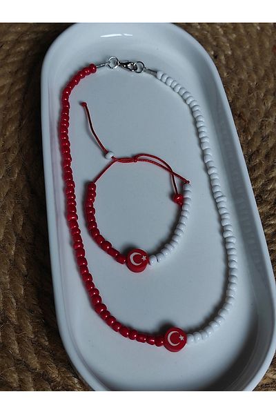 Amabel Jewelerys Turkish Flag Sand Beaded Necklace and Bracelet Set