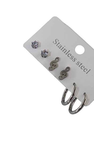 TUM TUM 3 Lü Kombin Çelik Küpe Seti, Halka Küpe, Taşlı Top Küpe, Notalı Küpe. Silver Çelik Küpe Set.