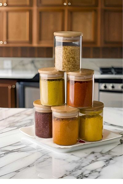 MadaMelya 6-Piece Bamboo Lid Round Thermal Spice Jar 6x8cm 6 Pieces Vacuumed Lid