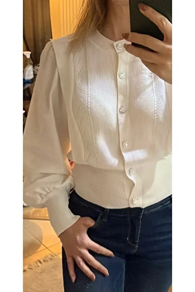 Cardella Princess Sleeve and Button Detailed White Shirt Cardigan