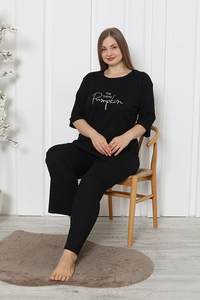 FAMES PİJAMA Pumpkin Patterned Black Plus Size Women's Pajamas Set
