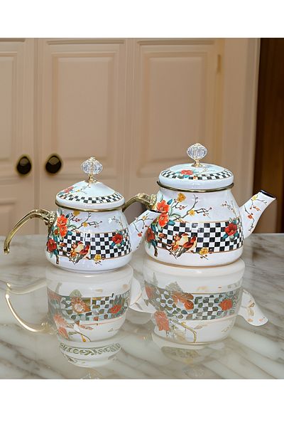PORLİSMA Double Lid Enamel Teapot Set, Colorful Enamel Teapot Set