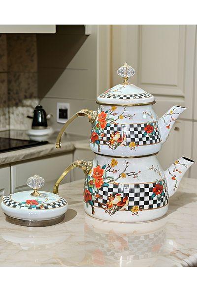 PORLİSMA Double Lid Enamel Teapot Set, Colorful Enamel Teapot Set