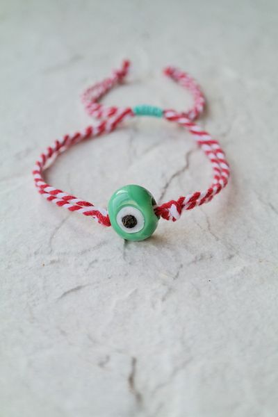 maycollection Green Glass Evil Eye Bead Red White Martençka Rope Bracelet