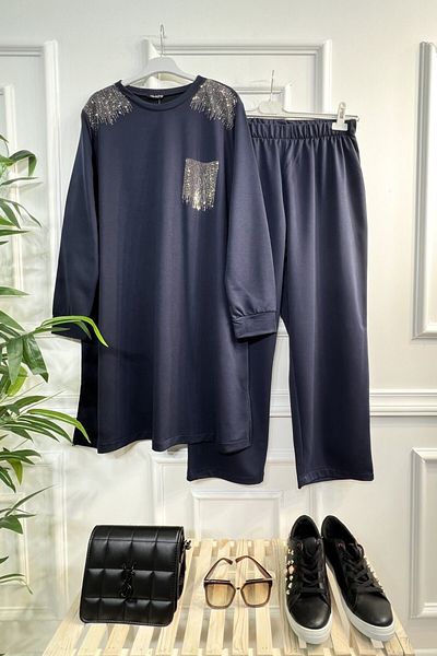 Aşkı Endam Esved Stone Detailed Combed Cotton Double Set - Navy Blue