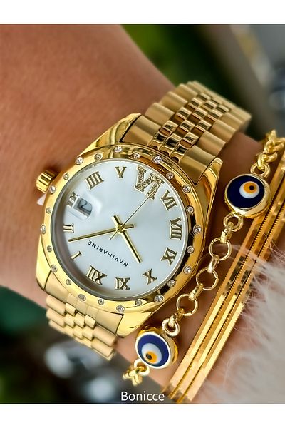 Navimarine Brand Large Case, Steel Strap, Gold Elegant Stone Women's Wristwatch + bracelet