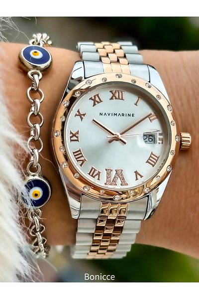 Navimarine Brand Large Case, Steel Strap, Gold Elegant Stone Women's Wristwatch + bracelet