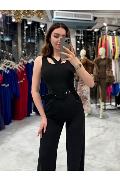 missswans Reya Detailed Belted Jumpsuit with Pockets - Black