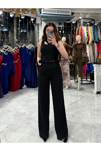 missswans Reya Detailed Belted Jumpsuit with Pockets - Black