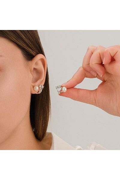 toptanhanem Pearl Detail Double Jewelled Zircon Earrings| Silver Color Casual, Sports and Special Occasions