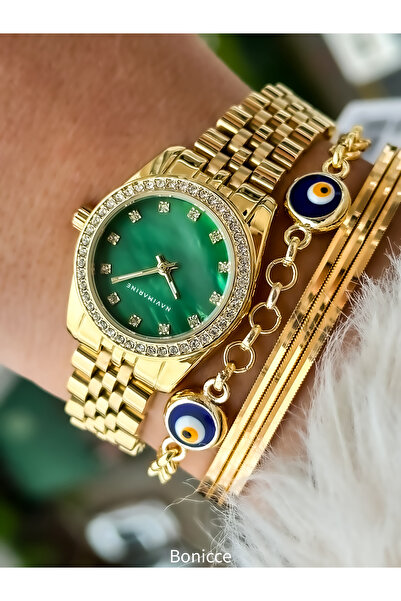 Navimarine Brand Small Case, Steel Strap, Gold Elegant Calendar Women's Wristwatch + bracelet