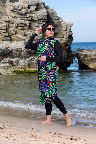 SEBOTEKS Μαγιό Hijab με τροπικό σχέδιο μακρύ Gilet κλειστό 2370