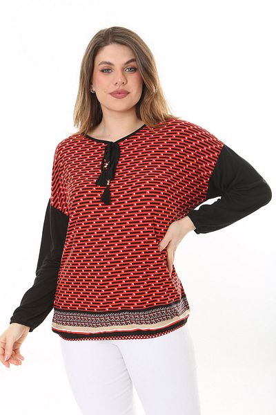 Şans Women's Plus Size Black Front Patterned Collar Lace-up Long Sleeve Blouse 65N37583