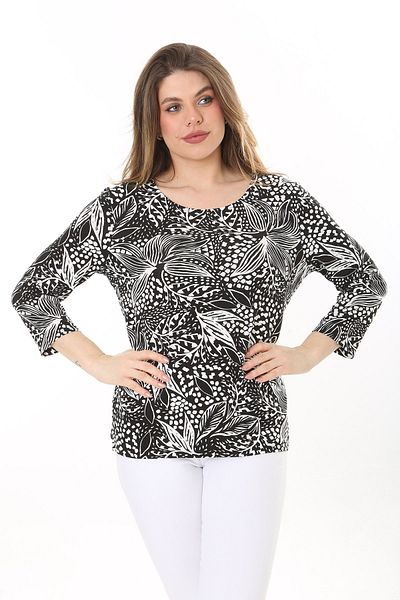 Şans Women's Plus Size Black Crew Neck Long Sleeve Blouse 65N37585