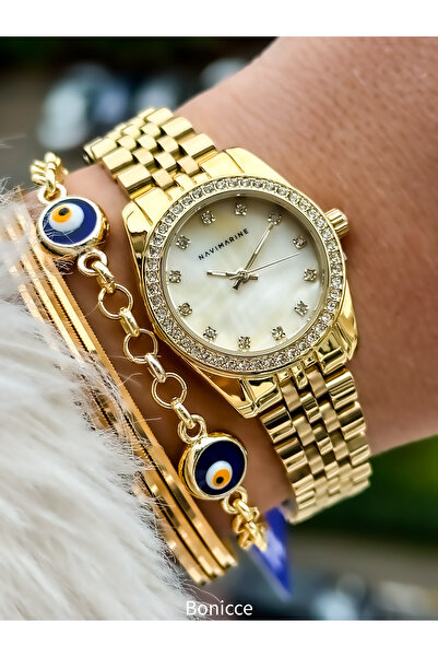 Navimarine Brand Small Case, Steel Strap, Gold Elegant Calendar Women's Wristwatch + bracelet