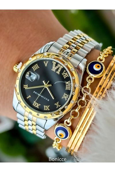Navimarine Brand Steel Mesh Band Yellow Color Women's Wristwatch + Bracelet