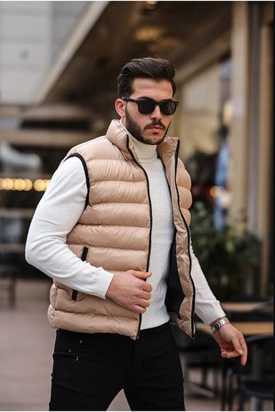 ENDEİS COLLECTİON Αμάνικο γιλέκο New Season Μπεζ φουσκωτό με γεμιστό γιακά με τσέπες με φερμουάρ
