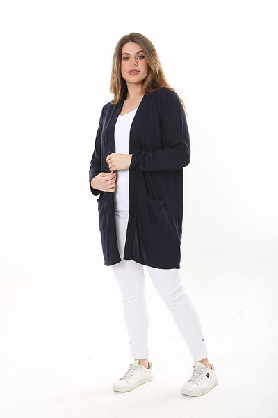 Şans Women's Large Size Navy Blue Cardigan with Front Pocket 65N37600