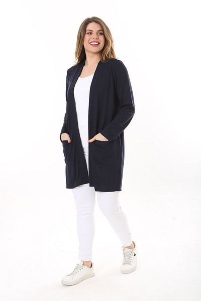 Şans Women's Large Size Navy Blue Cardigan with Front Pocket 65N37600