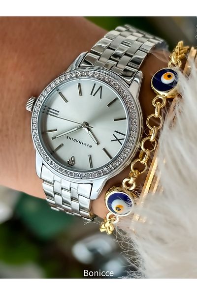 Navimarine Brand Waterproof Silver Color Women's Wristwatch + bracelet