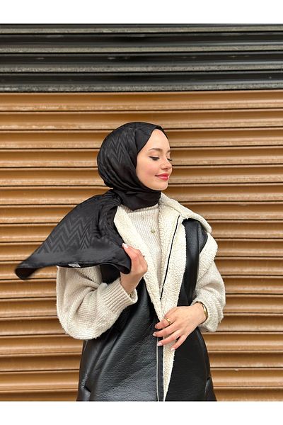 MİS İPEK Zigzag Pattern Black Cotton Jacquard Shawl