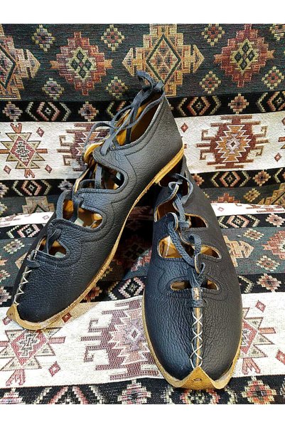 Osmanlı Yemeni Dünyası Yemeni (Sandal), Lace-Up Women's Model, Leather Yemeni, Black Color