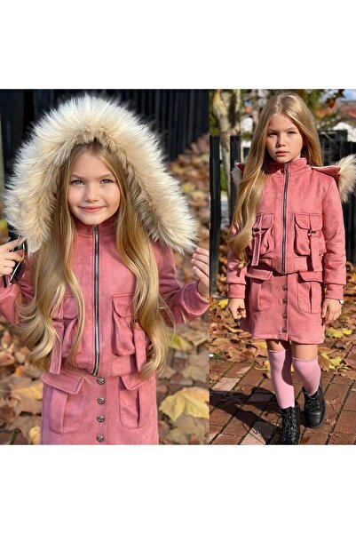 Calisa Girl's Plug-in Artificial Fur Hooded Coat Jacket and Skirt Winter Seasonal Holiday Combination Set