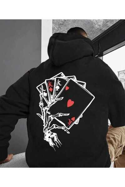 PERISENSE سويت شيرت بقلنسوة مطبوع عليه ورق لعب كبير الحجم للنساء والرجال للجنسين