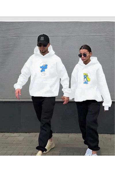 PERISENSE Set de trening unisex, femei, bărbați, îndrăgostiți, cuplu, combinație, ștrumfi, cu glugă, cu glugă, pe partea de sus, set de 2