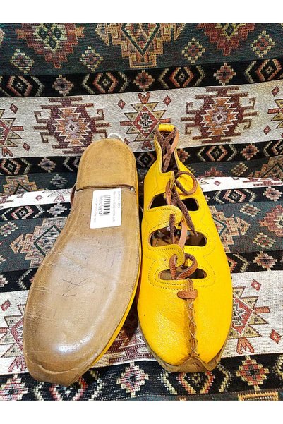 Osmanlı Yemeni Dünyası Yemeni (Sandal), Lace-Up Women's Model, Leather Yemeni, Yellow Color
