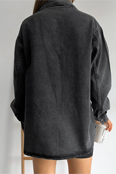 Naliru Gömlek Yaka Uzun Kollu Düğmeli Çift Cepli Oversize Jean Kot Gömlek Ceket