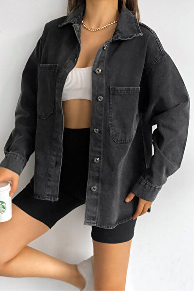 Naliru Gömlek Yaka Uzun Kollu Düğmeli Çift Cepli Oversize Jean Kot Gömlek Ceket