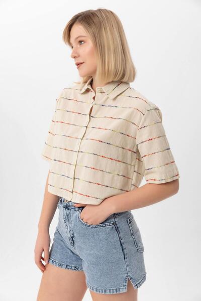 soi fashion Renkli Salaş Keten Crop Gömlek