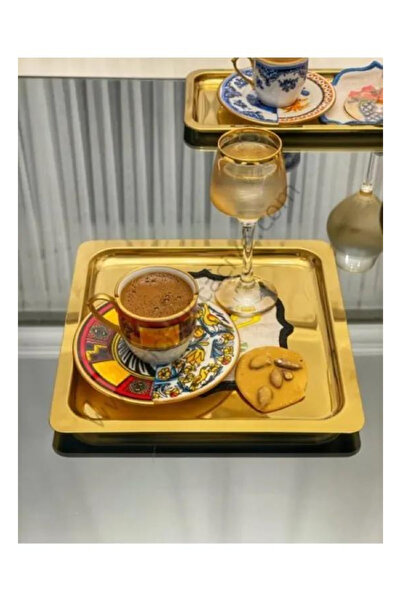 Lüx Kare 2 Adet Gold Paslanmaz Çelik Gold Renk Sunum Tepsisi 21 X21 Cm Çay Kahve Pasta Tatl