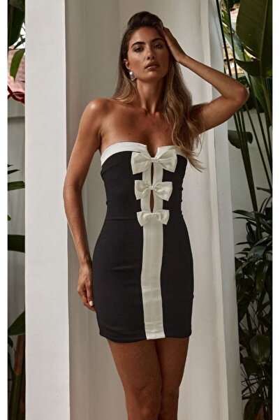 Kokosh moda فستان نسائي قصير من قماش الغطس باللون الأبيض مزين بفيونكة