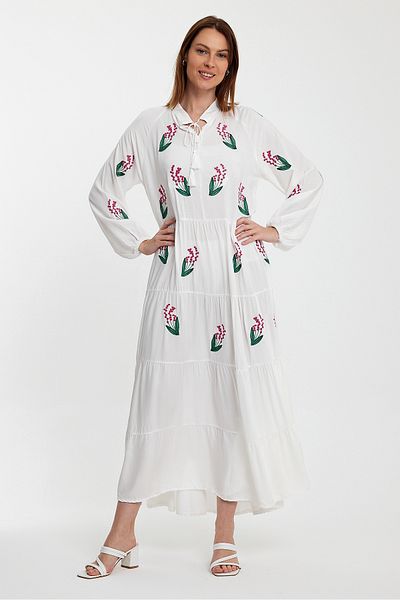 Denismoda Women's Embroidery Detailed High Collar Lace-up Long Viscose Dress