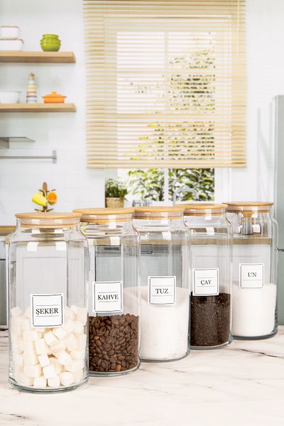 Karçiçeği Home 5-Piece Decorative Kitchen Organizer Vacuumed Glass Food Jar with Bamboo Lid 1440 ml