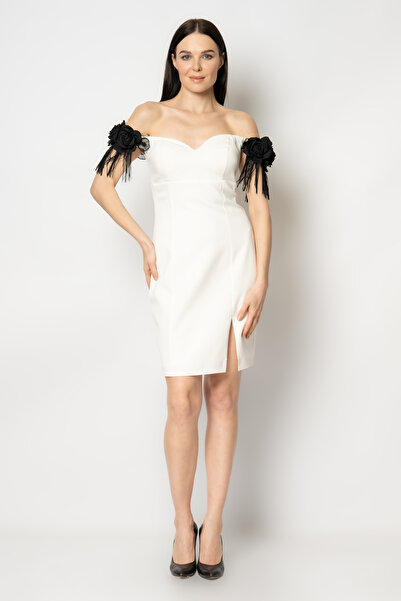 RENGIN Kolları saçaklı çiçekli prenses yaka krep abiye elbise