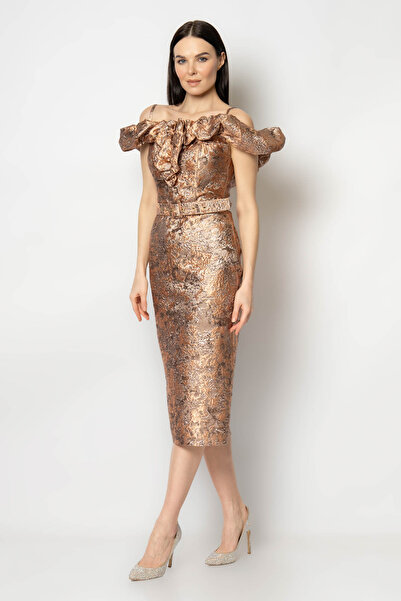 RENGIN Göğüsten kollara volanlı ince askılı jakar abiye elbise