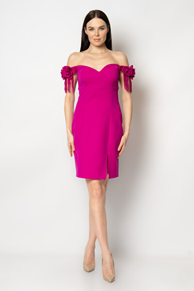 RENGIN Kolları saçaklı çiçekli prenses yaka krep abiye elbise