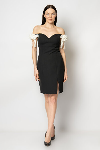 RENGIN Kolları saçaklı çiçekli prenses yaka krep abiye elbise