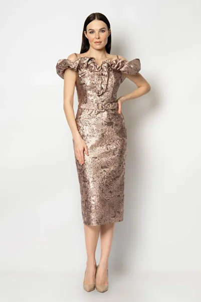 RENGIN Rochie de seară din jacquard cu bretele subțiri, de la piept la mâneci