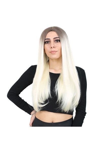 KONAK PERUK Fiber Synthetic Long Straight Wig - Ashy Light Brown / Platinum Ombreli