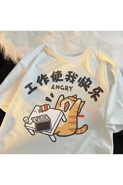 Touz Moda Angry Cat Unisex Oversize Λευκό T-shirt