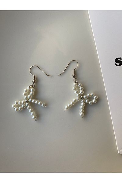 Stoneday Pearl Bow Silver Detailed Dangle Bow Earrings