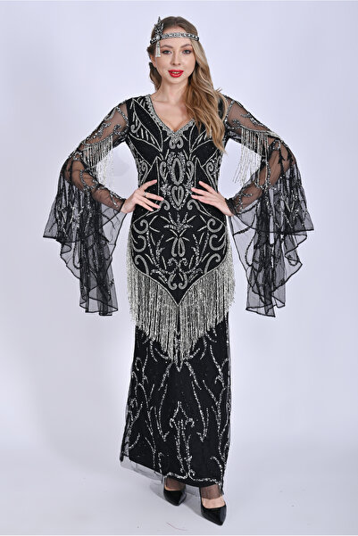 GATSBYLADY LONDON LİDYA - EL İŞLEMELİ , TAŞEL DETAYLI ELBİSE