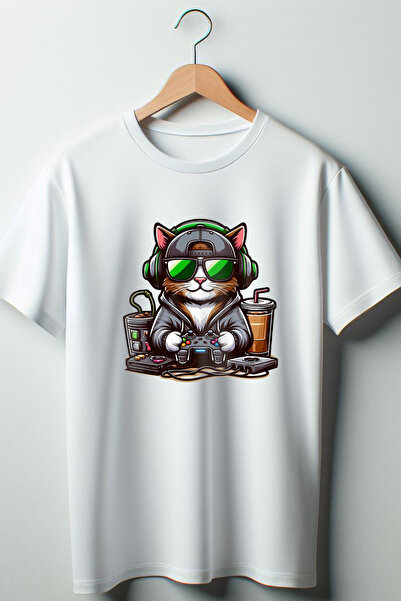 Vordevia Igrač mačka - Gamer Štampano Bela Oversize kroj okrugla kragna majica