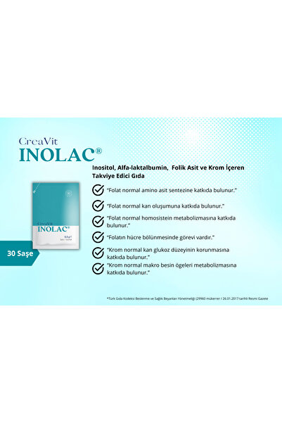 Creavit Inolac ® Inositol, Alpha-lactalumin and Chrome Food Supplement with Folic Acid - 30 Sachets