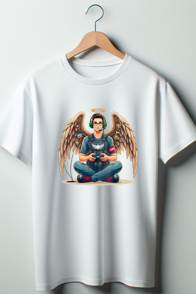 Vordevia Gamer Angel - Igrač Štampano Bela Oversize kroj okrugla kragna Majica