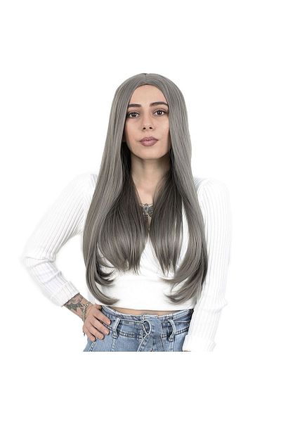 KONAK PERUK Dark Grey Fiber Synthetic Long Straight Wig